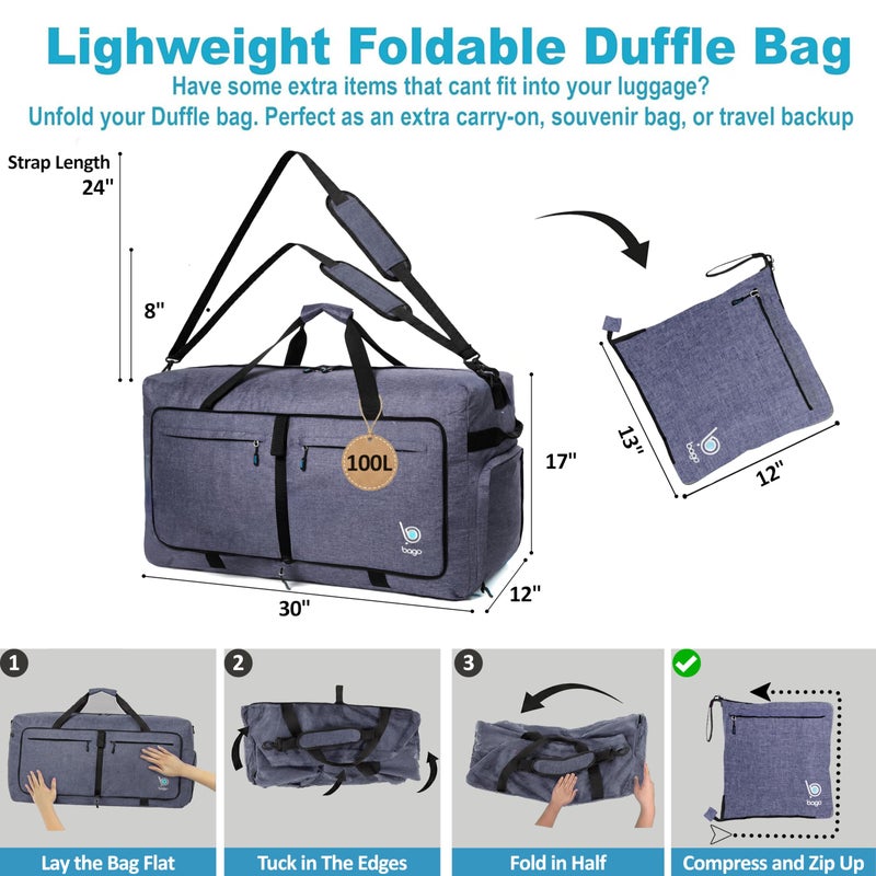 Bago Large Foldable Duffel Bags for Traveling Women & Men - 100L Packable Duffle Bag for Travel with Shoe Compartment - Water Repellant, Heavy Duty, Lightweight Folding & Collapsible (SnowBlack) - Image 5